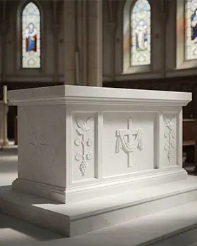 White marble church altar table with relief carving