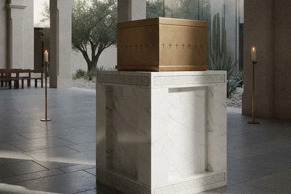 Gold tabernacle box placed on a custom marble stand