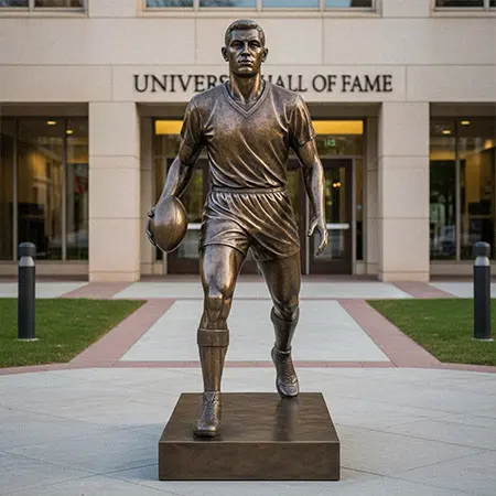 Custom bronze athlete statue of a football player, honoring a local hero for a University Hall of Fame.