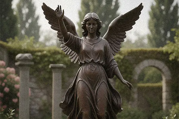 Antique dark bronze angel sculpture with custom face and wings