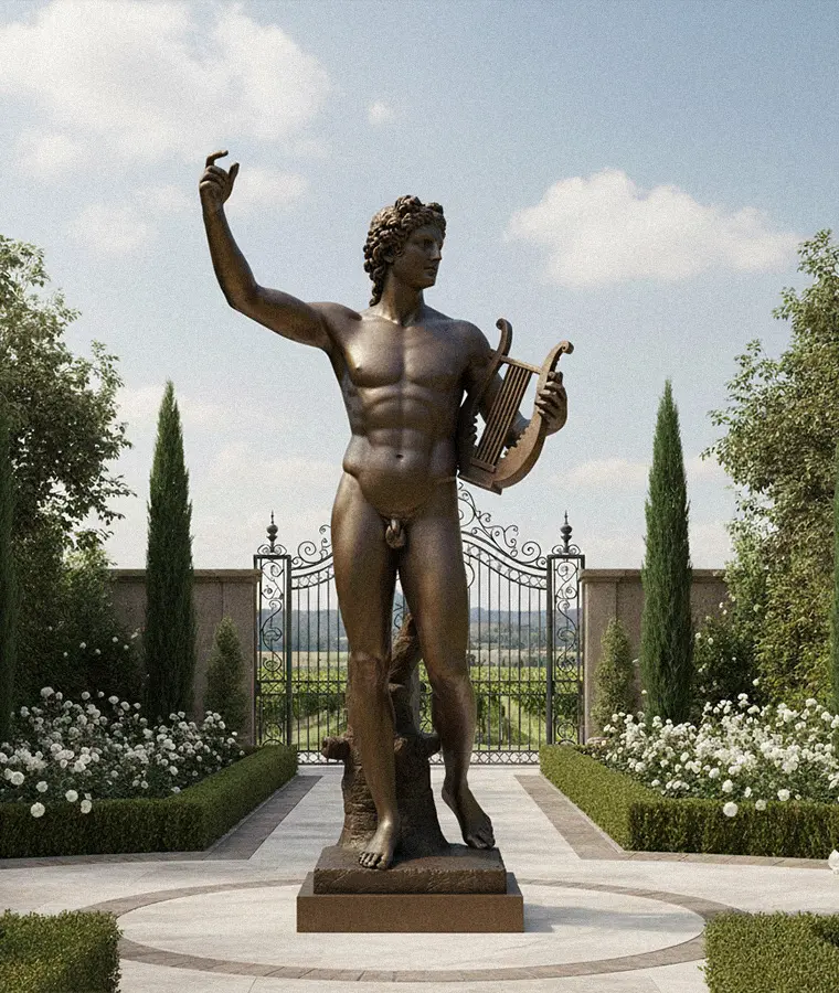 Collection of marble Four Seasons statues and bronze Apollo sculptures in a garden
