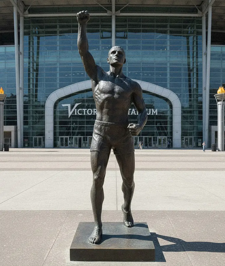 Life-size custom athlete statue in a victory pose outside a stadium, symbolizing the spirit of triumph.
