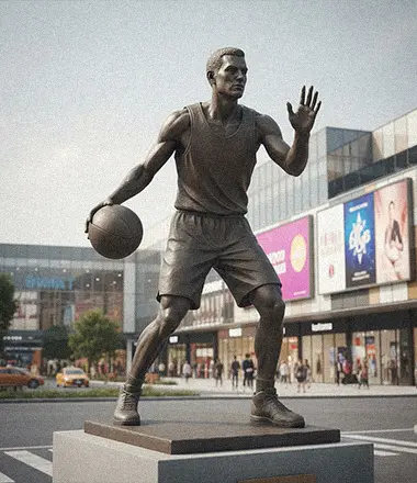 Custom bronze basketball player statue capturing a famous pose, created from video or photos.
