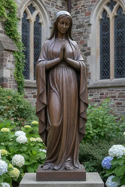 Standing bronze Blessed Virgin Mary statue praying in garden