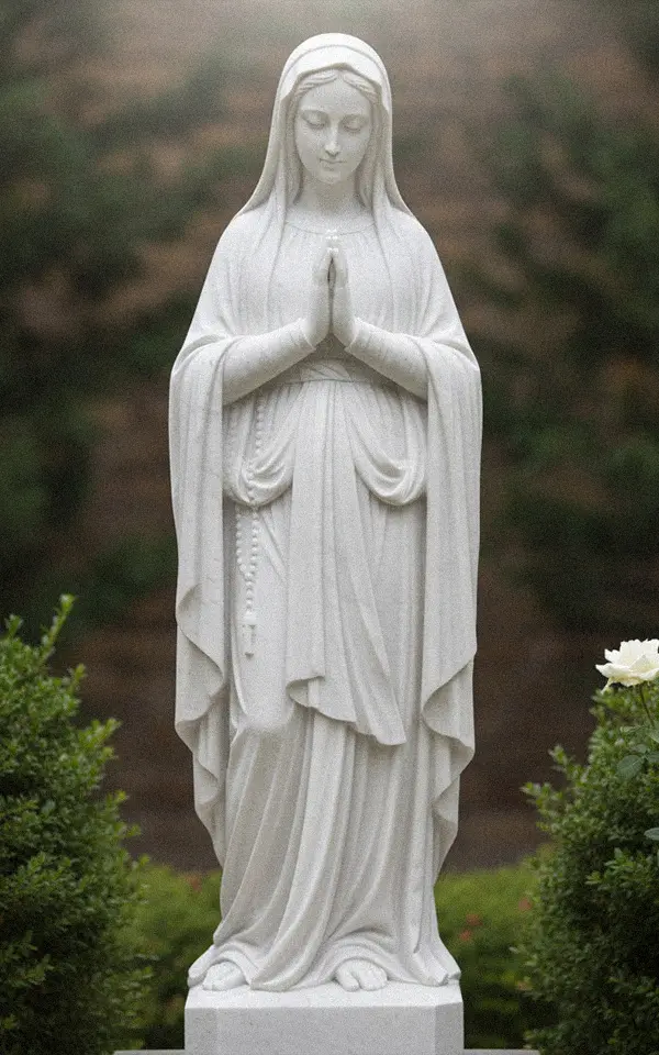 White marble Virgin Mary statue with praying hands