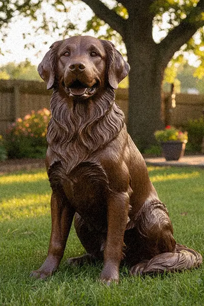 Life-size custom bronze golden retriever dog statue sitting in garden