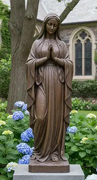 Antique bronze Virgin Mary statue standing in flower bed