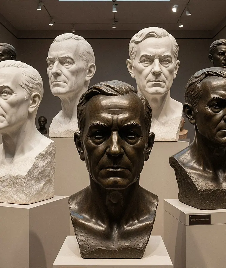 Group display of custom bronze portrait bust sculptures and clay models in studio