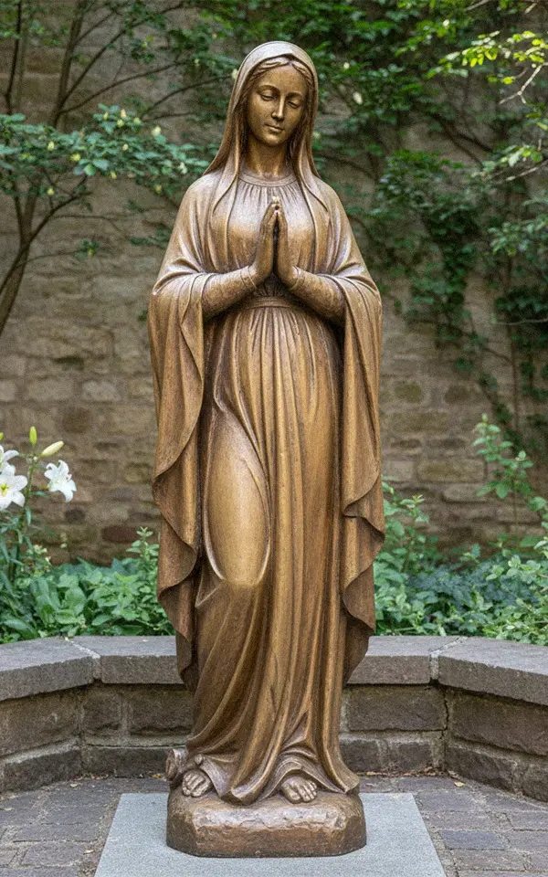 Life-size bronze Virgin Mary statue standing in a prayer garden