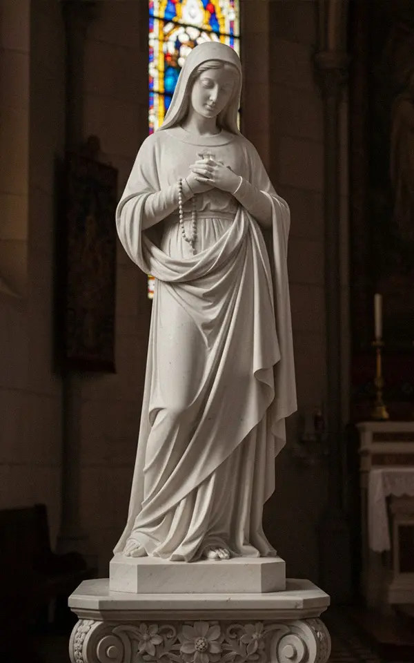 White marble female saint statue St Therese of Lisieux holding roses