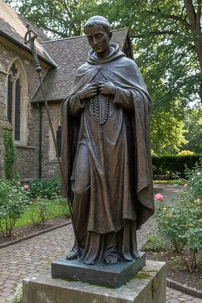 Bronze Catholic saint statue standing in garden with staff