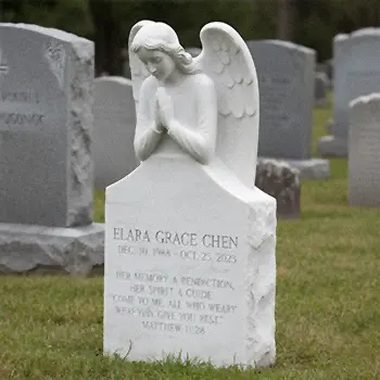 Small white marble praying angel grave marker for child or infant