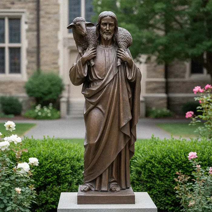 Bronze Jesus the Good Shepherd statue holding a lamb on shoulders