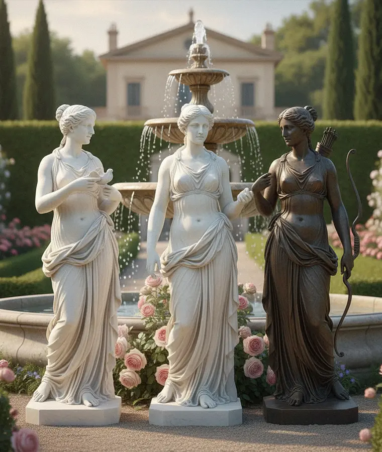 Collection of life-size white marble Greek Goddess statues in a rose garden