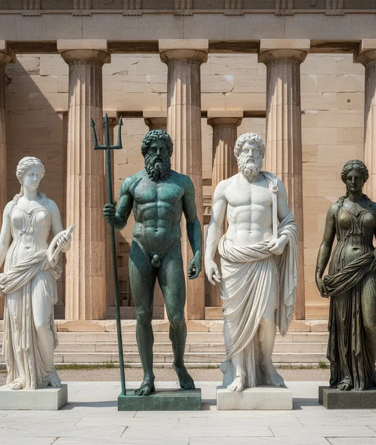 Life-size custom Greek and Roman god statues displayed in a luxury garden