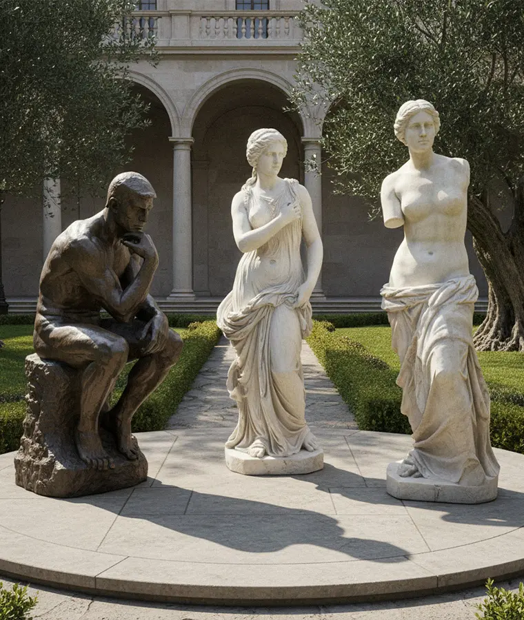 Collection of life-size bronze and marble human figure statues for garden display