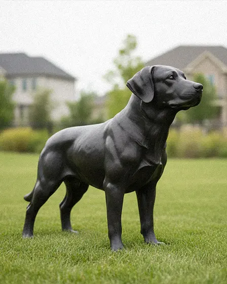 Black Labrador dog statue standing on grass