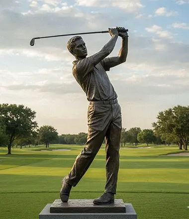 Custom bronze golf player statue, focusing on capturing the exact likeness of the face and pose.