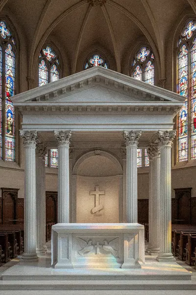 Full set of custom white marble church altar and matching ambo pillars
