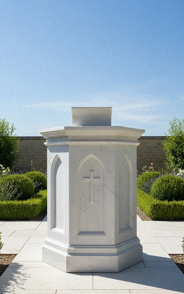 Octagonal white marble church ambo or baptismal font detail