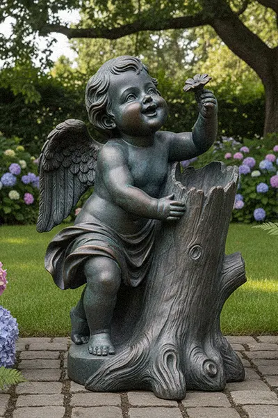 Cute bronze garden cherub statue hiding in a tree stump holding a flower