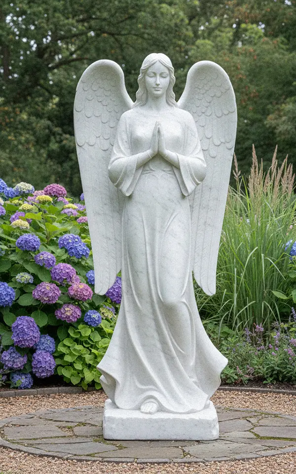 Standing white marble praying angel garden statue with large wings