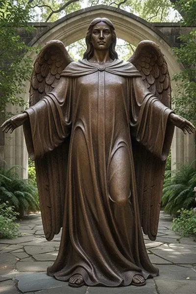Large standing bronze angel statue with open wings in garden archway