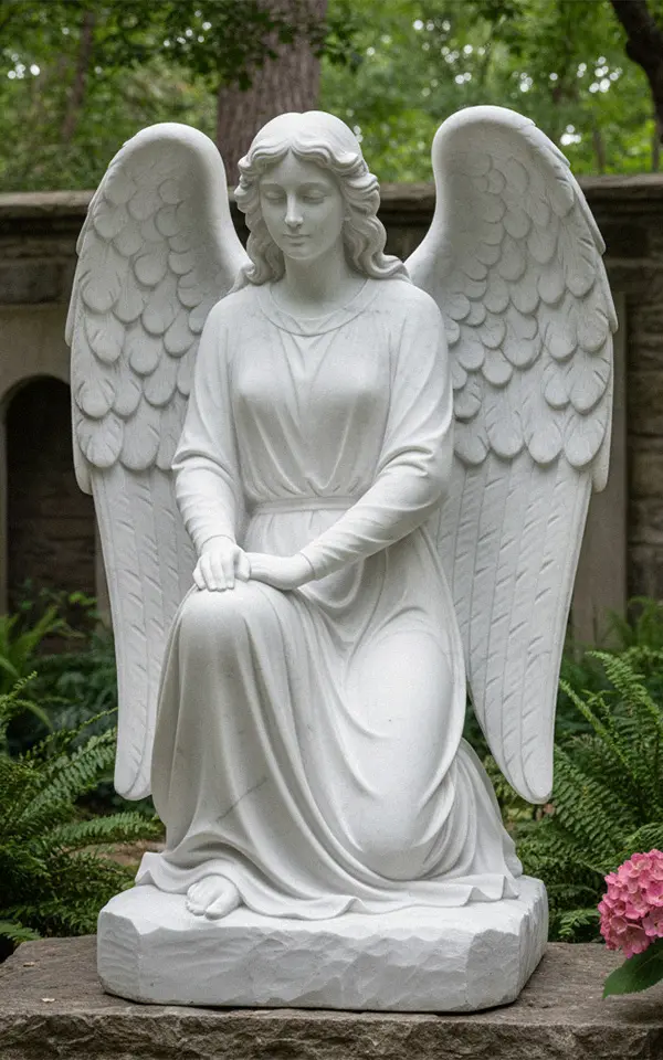 Life-size white marble kneeling praying angel statue for cemetery