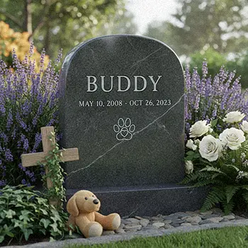 Black granite pet headstone with engraved dog paw print