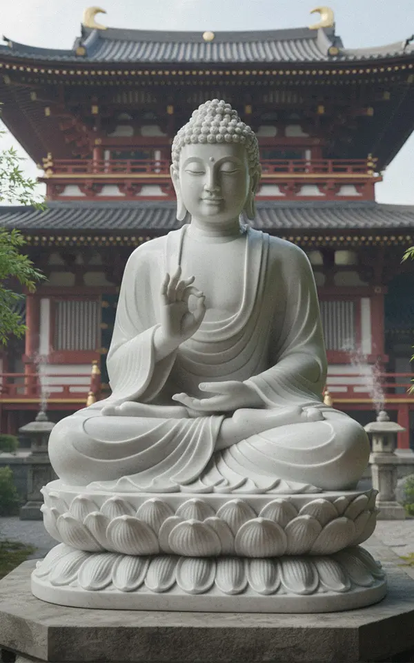 White marble Buddha statue sitting in meditation for temple
