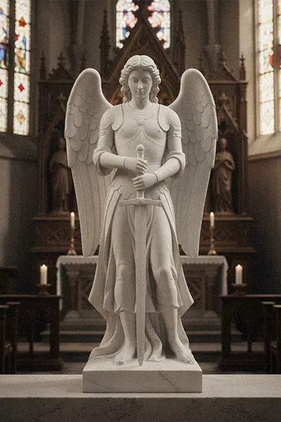 Standing white marble St Michael statue holding sword for altar