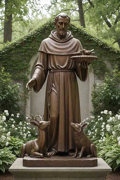 Large bronze St Francis garden statue with animals and bird feeder bowl