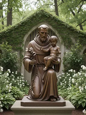 Life-size outdoor bronze St Anthony statue kneeling with Child Jesus and lily