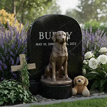Custom pet grave marker with bronze dog statue sitting on base
