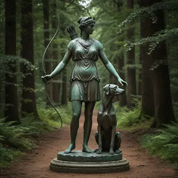 bronze statue of Diana the Huntress carrying a bow with a dog by her side