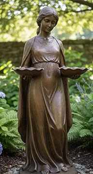 Bronze Bird Girl statue replica holding two bowls for bird feeder