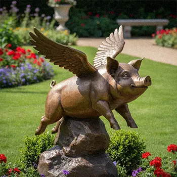 Whimsical flying pig statue with wings for garden