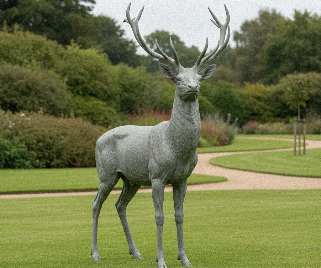 Life-size bronze deer statue standing on lawn