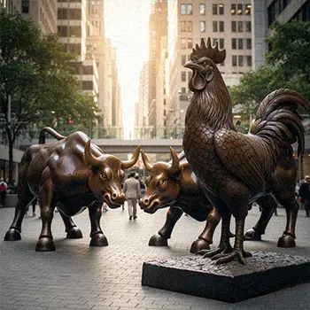 Group of bronze bull statues standing on city street