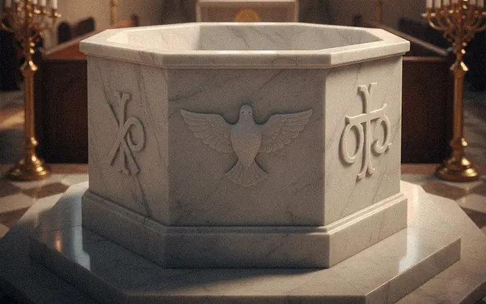 Octagonal marble baptismal font with carved Holy Spirit Dove and Chi-Rho symbols