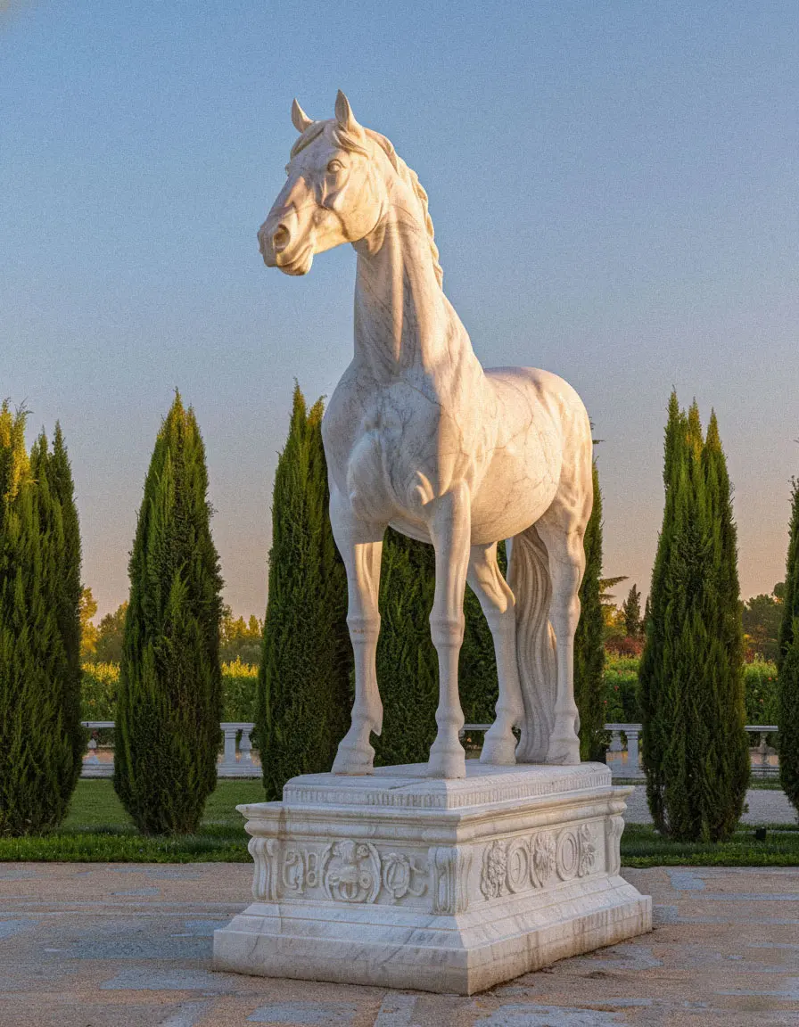 Life-size white marble horse statue standing in european garden