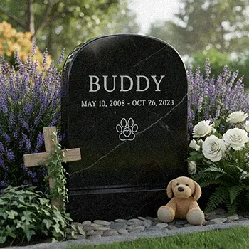 Simple black pet grave marker with name Buddy and date