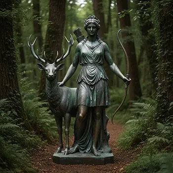 bronze statue of Diana the Huntress carrying a bow with a deer by her side