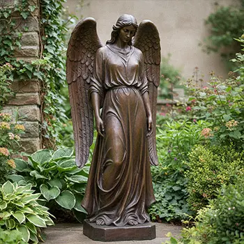 Classic bronze female angel statue with flowing robes in garden