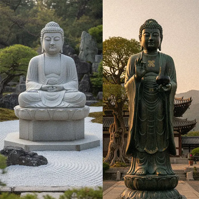 Meditating Shakyamuni Buddha statue in stone, popular for Zen gardens and conveying compassion.Standing Shakyamuni Buddha statue in bronze, creating a sense of awe for temples.