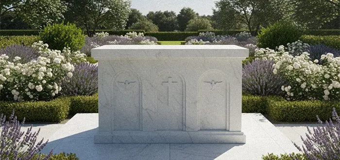 White marble altar table with relief carving of crosses and doves for catholic church