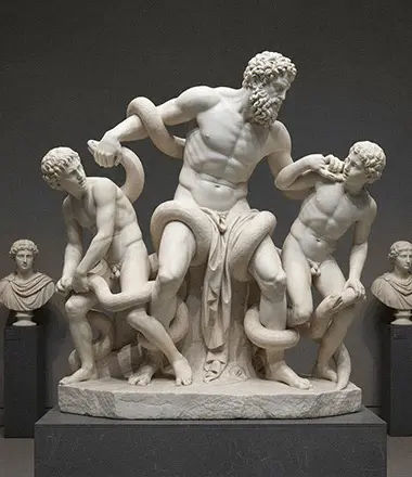 Complex Laocoon and His Sons marble statue replica showing struggle with serpents