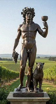 Detail of Dionysus garden statue with a leopard at his feet