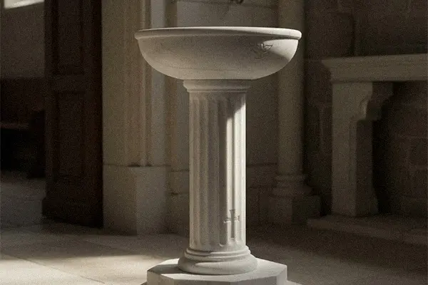 Standing marble holy water stoup on pedestal column for church entrance