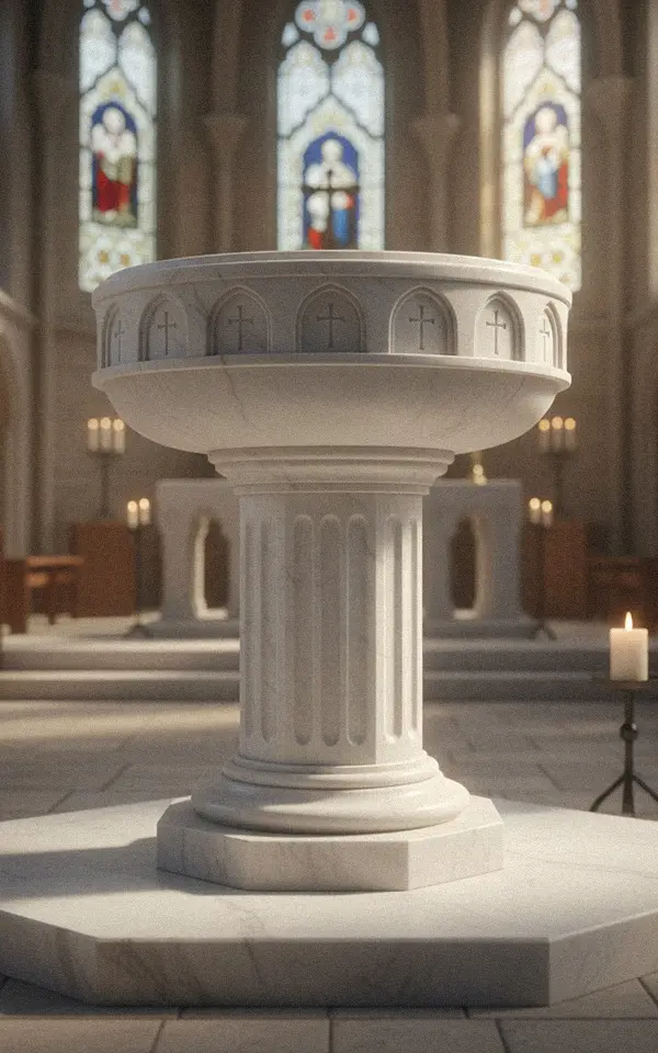 Large white marble baptismal font with carved column base for sanctuary